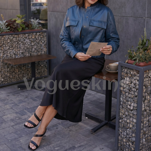 Women's Blue Genuine Leather Bomber Jacket Casual Cropped Flight Coat Loose fit