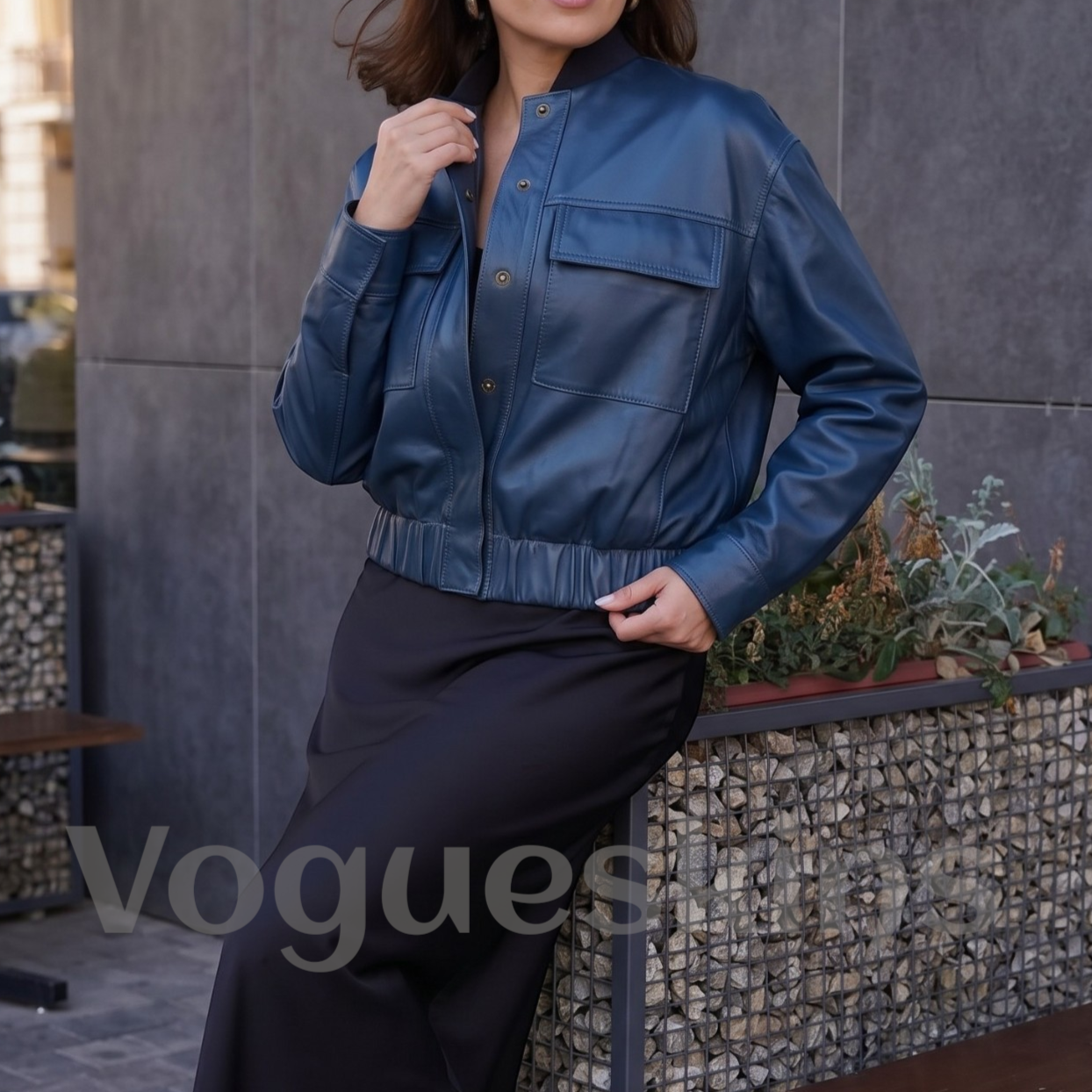 Women's Blue Genuine Leather Bomber Jacket Casual Cropped Flight Coat Loose fit